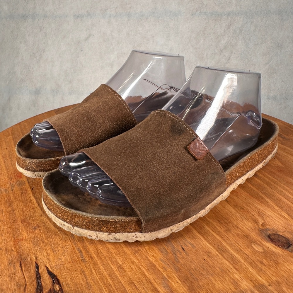 Biostep Suede Slide Sandals Womens 9.5 Brown Good Cork Footbed Spain